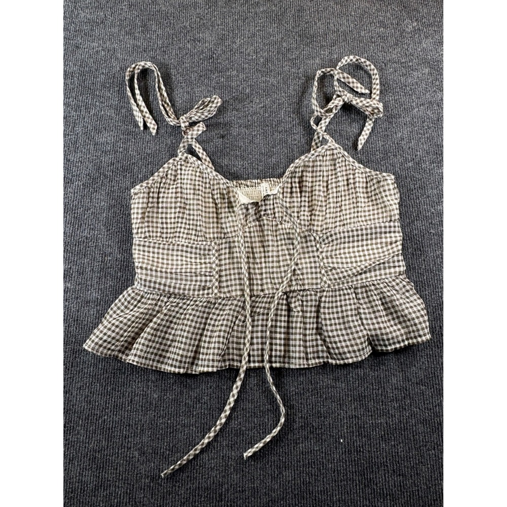 American Eagle Brown Gingham Tie Shoulder Smocked Peplum Cami Crop Top Small